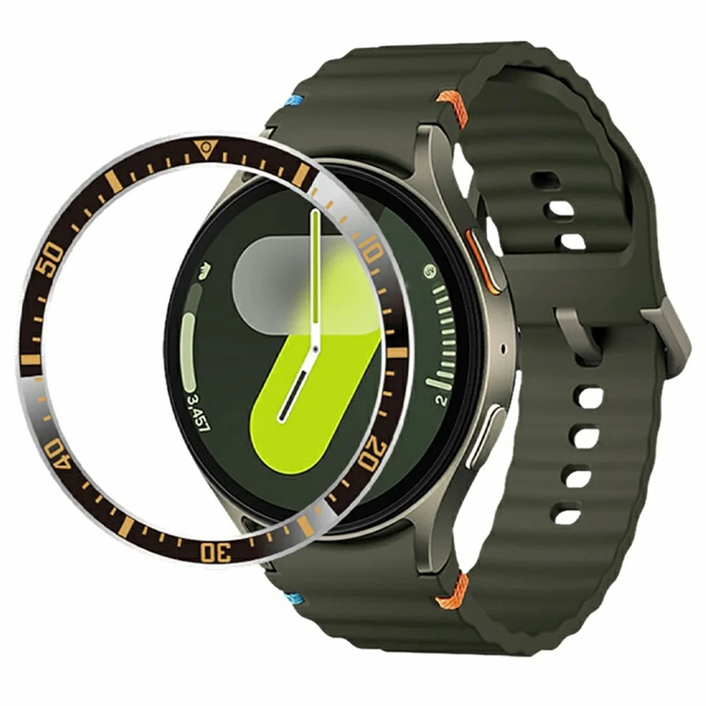 For Samsung Galaxy Watch 7 6 5 4 44mm Bezel Ring Anti Scratch Aluminum Alloy Adhesive Cover - Black / Gold Characters - 2