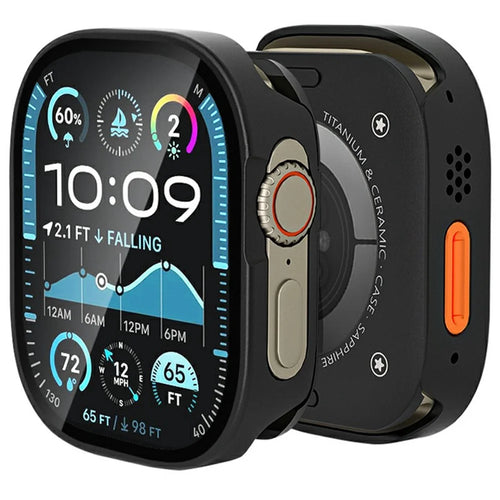 For Apple Watch Ultra 3 / Ultra 2 / Ultra 49mm Metal Case with Glass Film, Smart Watch Protective Cover - Black - 1