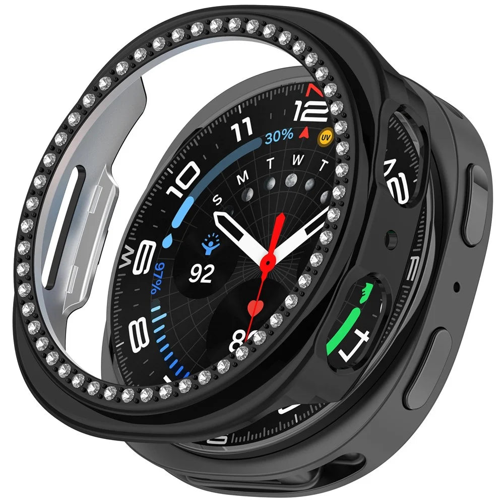 For Samsung Galaxy Watch8 40mm PC Watch Case Rhinestone Decor Hollow Protective Cover - Electroplating Black - 1