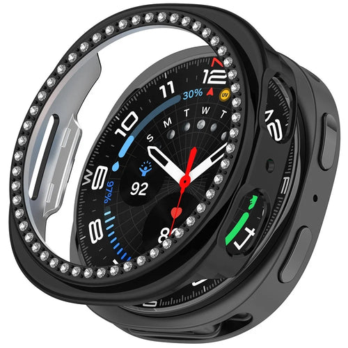 For Samsung Galaxy Watch8 44mm PC Watch Case Rhinestone Decor Hollow Protective Cover - Electroplating Black - 1