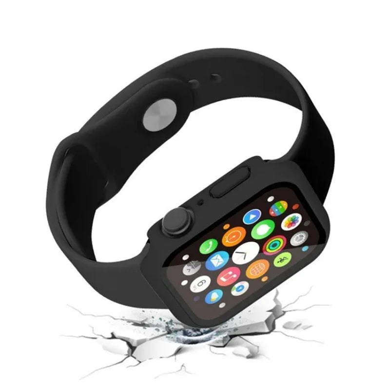 WANLONFENG For Apple Watch Series 8 41mm / Apple Watch Series 7 41mm / Apple Watch Series 9 41mm Watch Case  PC Frame Cover with Tempered Glass Screen Protector - Black - 3