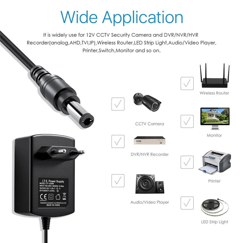 ZOSI DC 12V 2A 2000mA Power Supply Adapter for CCTV Security Camera Surveillance System - EU Plug - 6