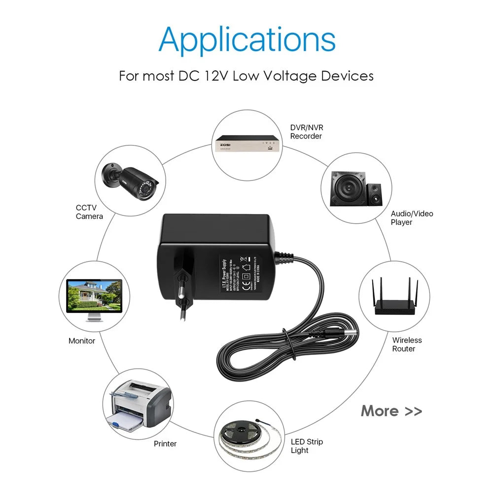 ZOSI DC 12V 3A 3000mA Power Supply Adapter for CCTV Security Camera Surveillance System Home Use - EU Plug - 4