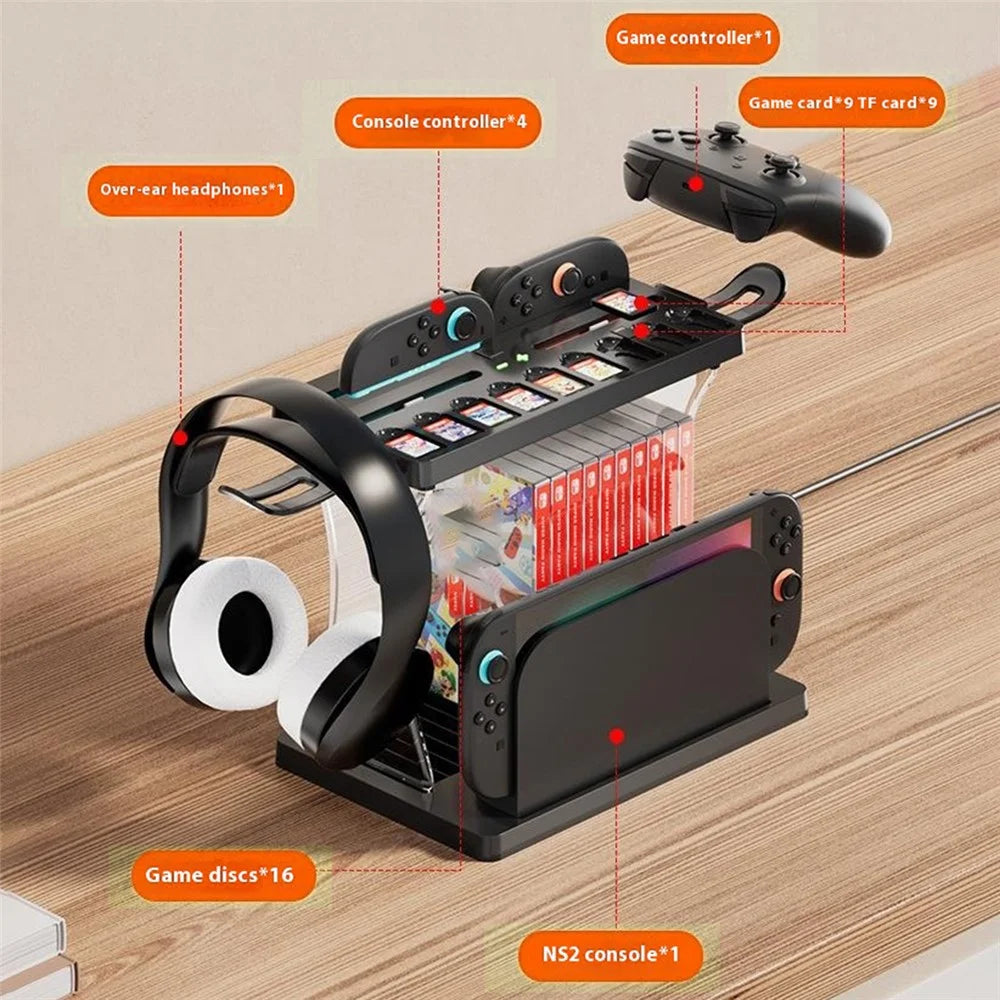 HBS-2806 For Nintendo Switch 2 Console Storage Rack Joy-Con Controller Charging Station Headset Holder Game Card Organizer - 4