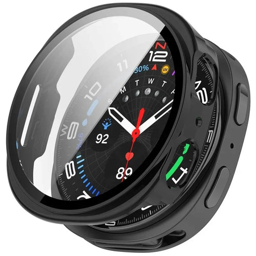 WANLONFENG For Samsung Galaxy Watch8 44mm Watch Case  PC Frame Cover with Tempered Glass Screen Protector - Black - 1