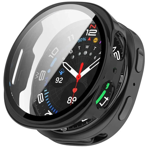 WANLONFENG For Samsung Galaxy Watch8 44mm Watch Case  PC Frame Cover with Tempered Glass Screen Protector - Black - 1