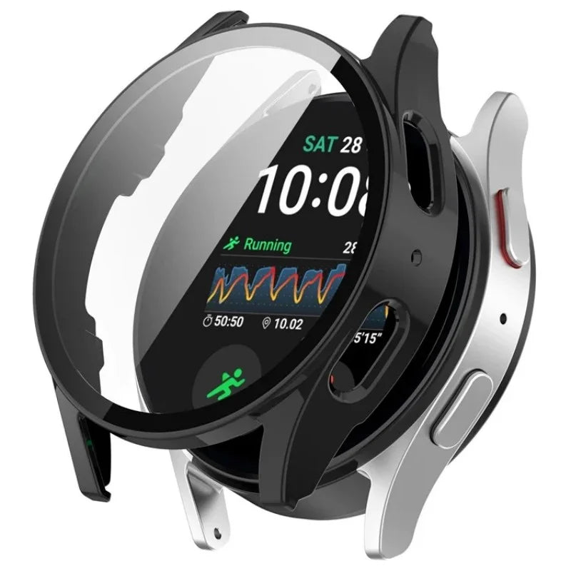 WANLONFENG For Samsung Galaxy Watch7 44mm Watch Case  PC Frame Cover with Tempered Glass Screen Protector - Black - 1