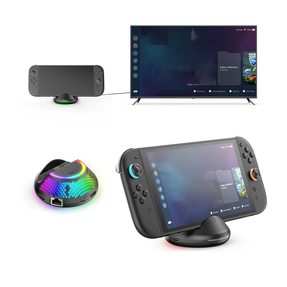 JYS-NS2289 For Nintendo Switch 2 Portable TV Dock Video Converter Stand with Gigabit Ethernet Port and RGB Ambient Light - 2