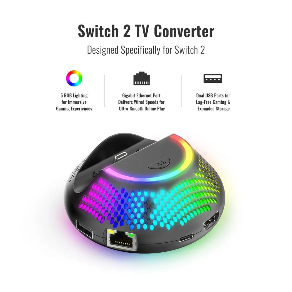 JYS-NS2289 For Nintendo Switch 2 Portable TV Dock Video Converter Stand with Gigabit Ethernet Port and RGB Ambient Light - 4