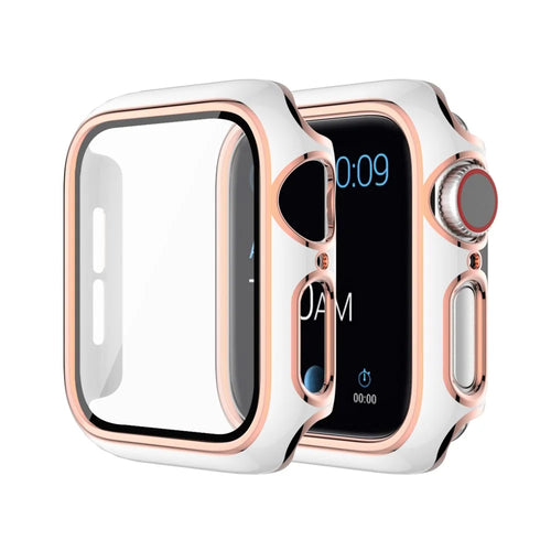 ENKAY HAT PRINCE Electroplating PC Cover + Tempered Glass Watch Protector Cover for Apple Watch Series SE3 / SE2 / SE1 / 6 / 5 / 4 44mm - White / Champagne - 1