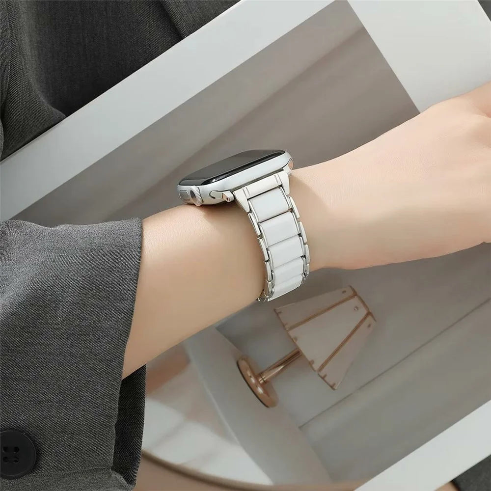 Watch Band for Apple Watch Series 11 10 42mm / 9 8 7 41mm / SE3 SE2 SE 6 5 4 40mm / 3 2 1 38mm Ceramic + Metal 18mm Butterfly Buckle Wrist Strap - White - 4