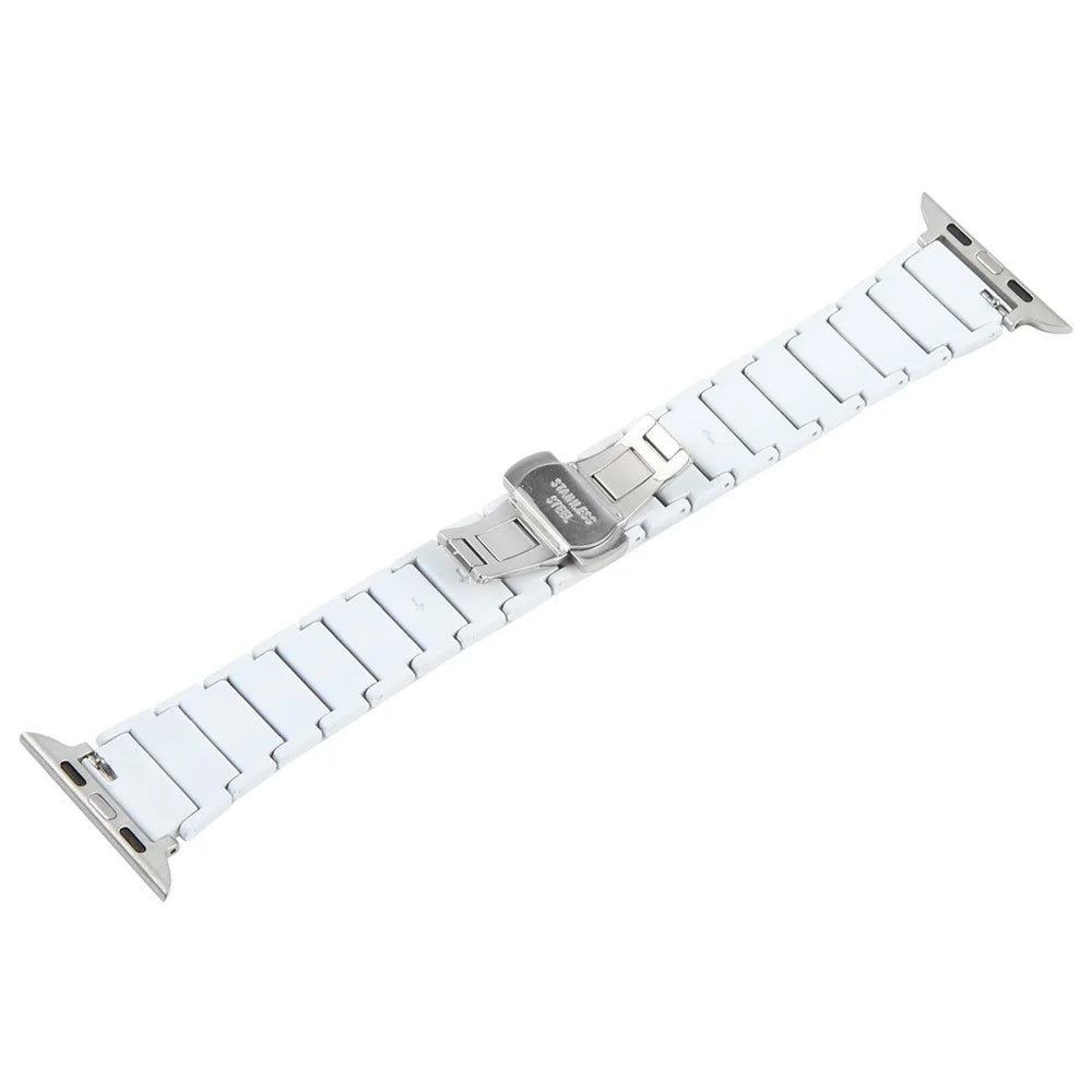 Watch Band for Apple Watch Ultra 3 2 1 49mm / Series 11 10 46mm / 9 8 7 45mm / SE3 SE2 SE 6 5 4 44mm / 3 2 1 42mm Ceramic + Metal 18mm Butterfly Buckle Strap - White - 3