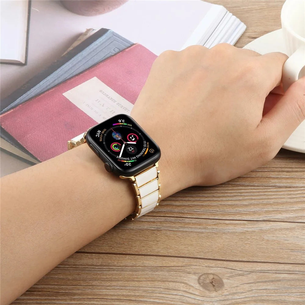 Watch Band for Apple Watch Ultra 3 2 1 49mm / Series 11 10 46mm / 9 8 7 45mm / SE3 SE2 SE 6 5 4 44mm / 3 2 1 42mm Ceramic + Metal 18mm Butterfly Buckle Strap - White - 5