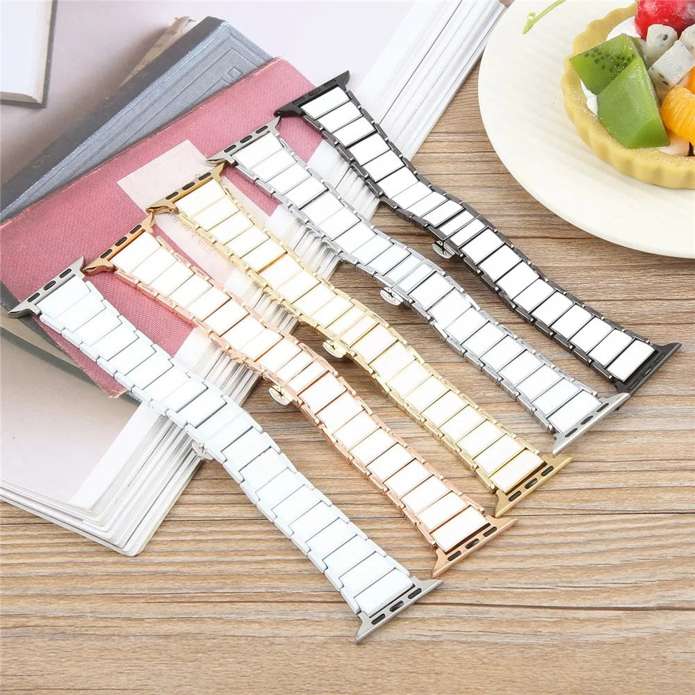 Watch Band for Apple Watch Ultra 3 2 1 49mm / Series 11 10 46mm / 9 8 7 45mm / SE3 SE2 SE 6 5 4 44mm / 3 2 1 42mm Ceramic + Metal 18mm Butterfly Buckle Strap - White - 6