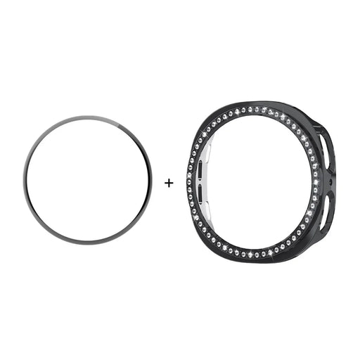 ENKAY HAT PRINCE For Samsung Galaxy Watch8 44mm Case with PMMA Screen Film Rhinestone Decor PC Watch Cover - Black - 1