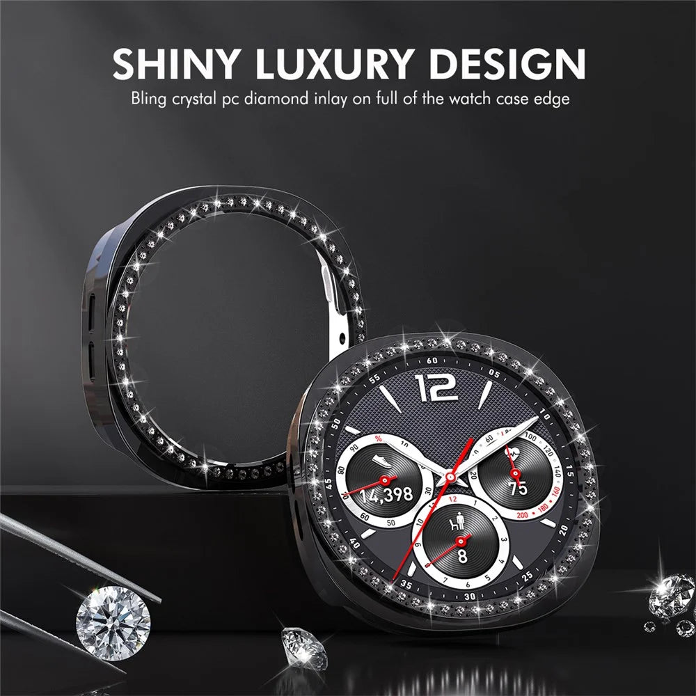 ENKAY HAT PRINCE For Samsung Galaxy Watch8 44mm Case with PMMA Screen Film Rhinestone Decor PC Watch Cover - Black - 3