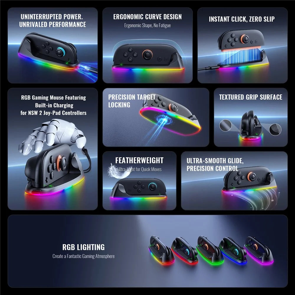 JYS JYS-NS2320 2Pcs for Nintendo Switch 2 Joy-Con Controller Mouse Dock RGB Light Magnetic Charging Base - Black - 5