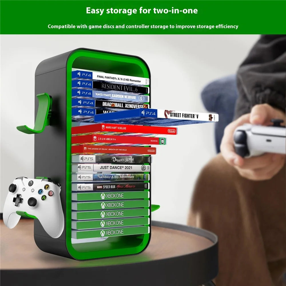 LINYUVO Game Disc Organizer Controller Stand For Nintendo Switch 2  /  Switch  /  Sony PlayStation 5  /  4  /  Xbox Series X  /  S - Black  /  Green - 2