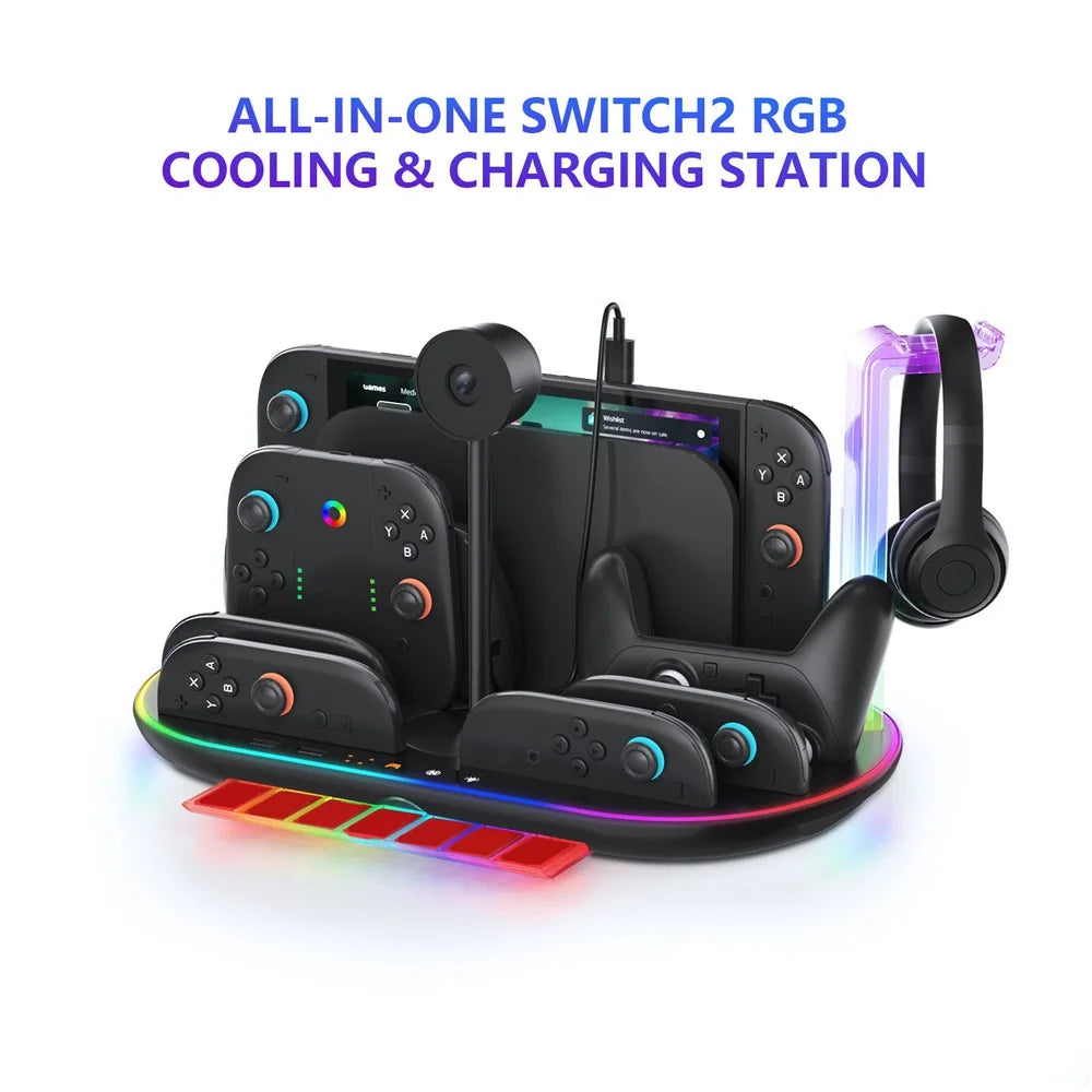 JYS JYS-NS2322 For Nintendo Switch 2 Cooling Dock Controller Charging Station Game Card Headset Holder with RGB Light - Black - 6