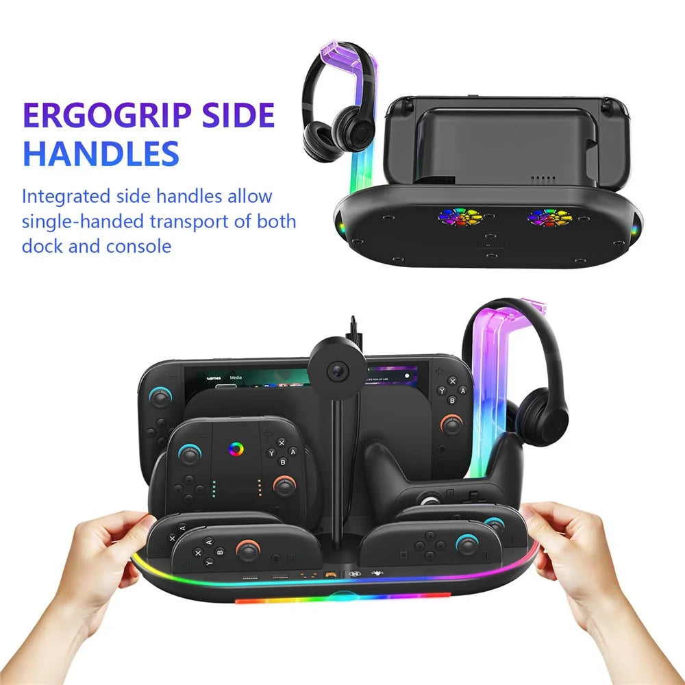 JYS JYS-NS2322 For Nintendo Switch 2 Cooling Dock Controller Charging Station Game Card Headset Holder with RGB Light - Black - 7