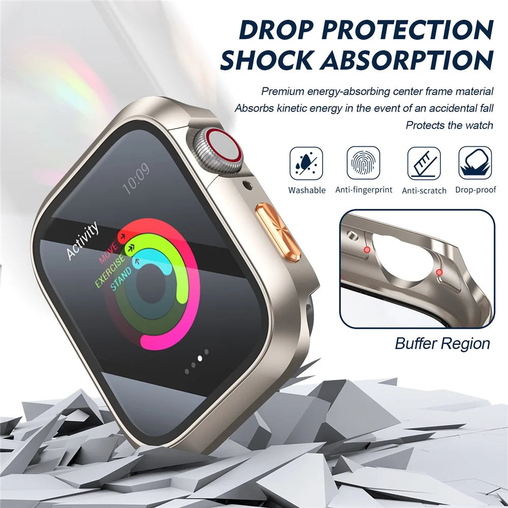 For Apple Watch Series 11 / 10 42mm Case Hard PC Watch Cover with HD Glass Film / Orange 3D Textured Button - Starlight - 2