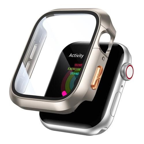 For Apple Watch Series 11 / 10 46mm Case Hard PC Watch Cover with HD Glass Film / Orange 3D Textured Button - Starlight - 1