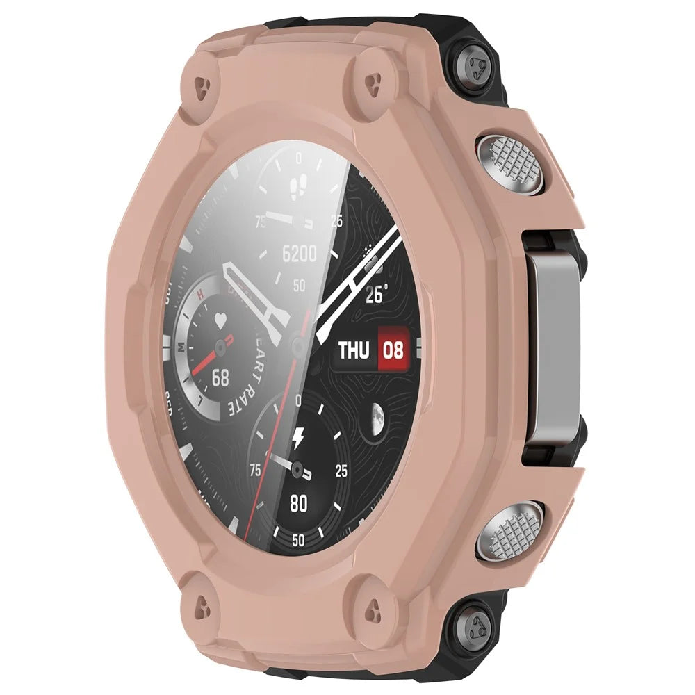 For Huami Amazfit T-Rex 3 Watch Case PC Frame Cover with Tempered Glass Screen Film - Pink - 5