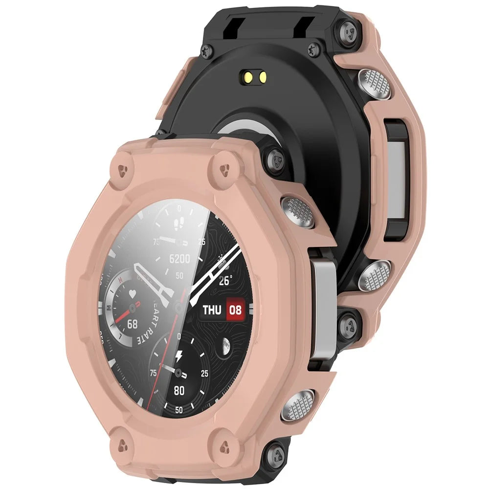 For Huami Amazfit T-Rex 3 Watch Case PC Frame Cover with Tempered Glass Screen Film - Pink - 6