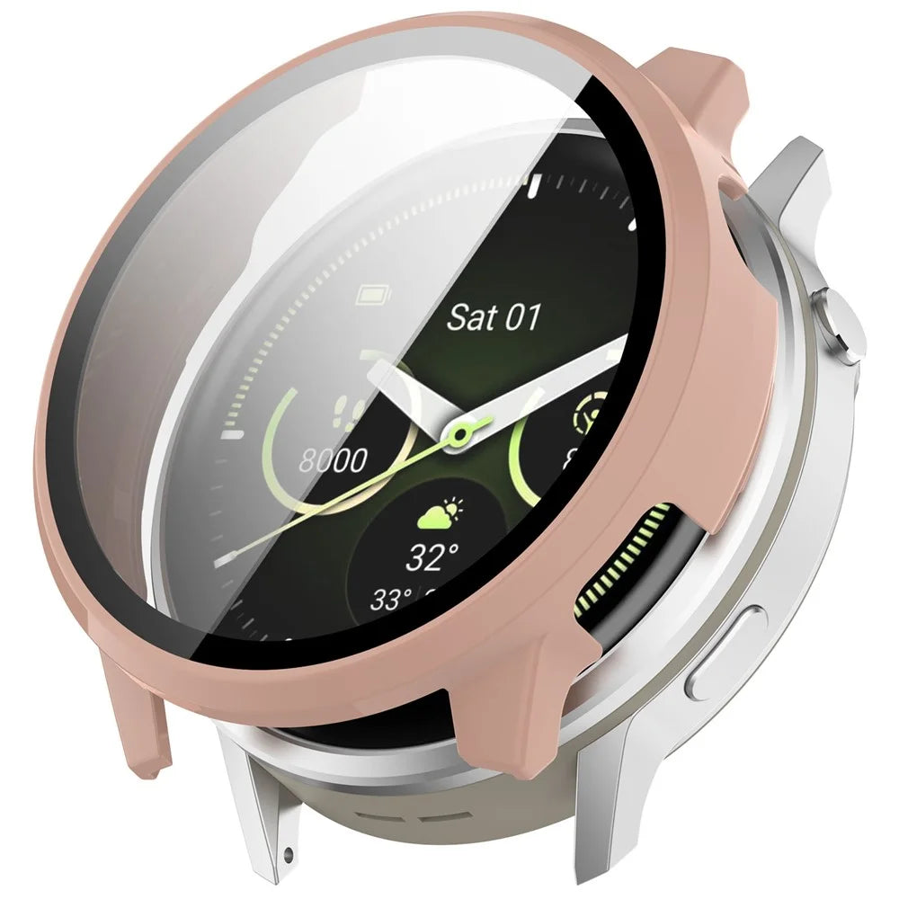 For Garmin Venu 4 45mm Watch Case PC Frame Cover with Tempered Glass Screen Film - Pink - 1