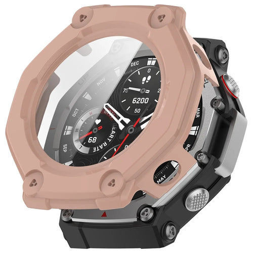 For Huami Amazfit T-Rex 3 Case Hard PC All-Around Watch Cover with Tempered Glass Film - Pink - 1