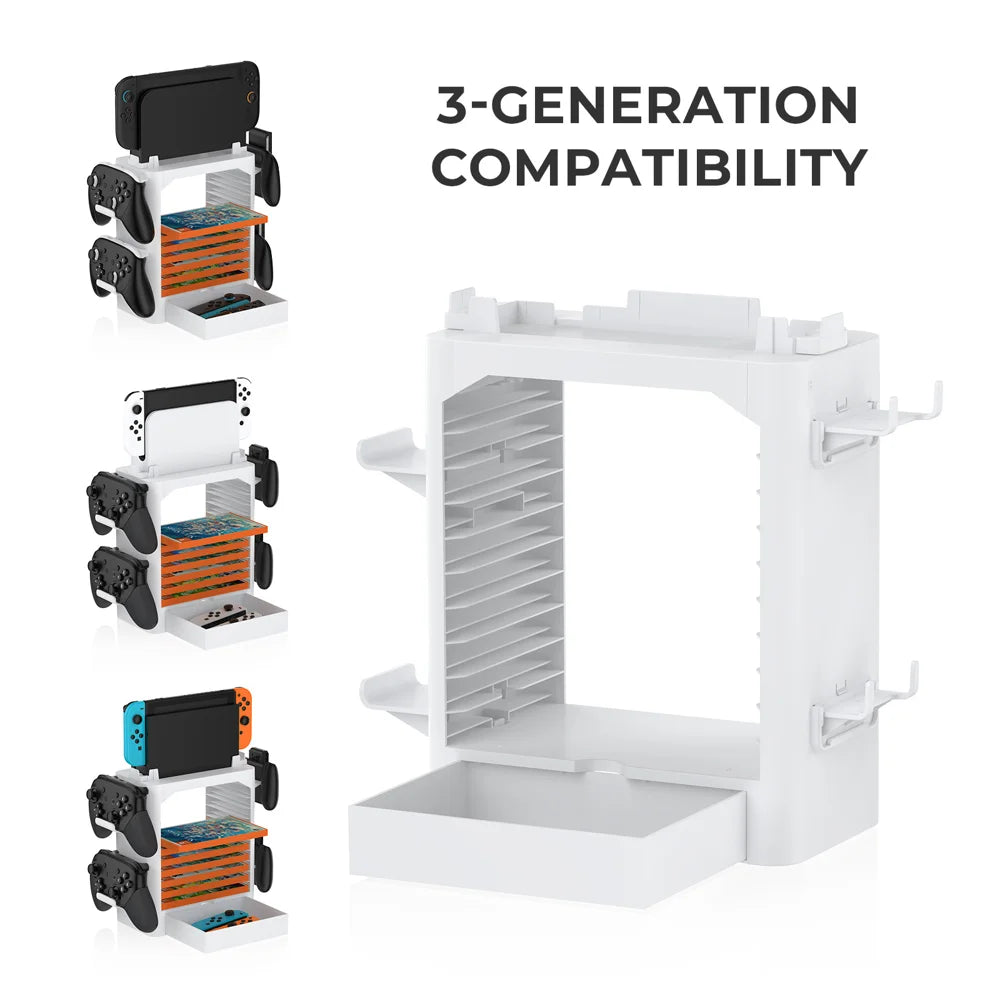 JYS-NS153 Game Storage Tower for Nintendo Switch OLED / Switch / Switch 2 Game Card Storage Rack Stand Controller Hanger - White - 3