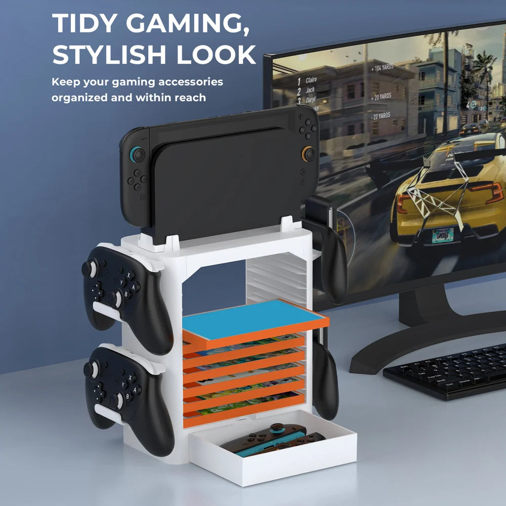 JYS-NS153 Game Storage Tower for Nintendo Switch OLED / Switch / Switch 2 Game Card Storage Rack Stand Controller Hanger - White - 4