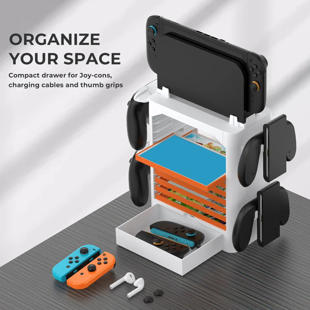 JYS-NS153 Game Storage Tower for Nintendo Switch OLED / Switch / Switch 2 Game Card Storage Rack Stand Controller Hanger - White - 5