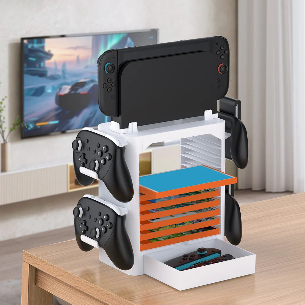 JYS-NS153 Game Storage Tower for Nintendo Switch OLED / Switch / Switch 2 Game Card Storage Rack Stand Controller Hanger - White - 6