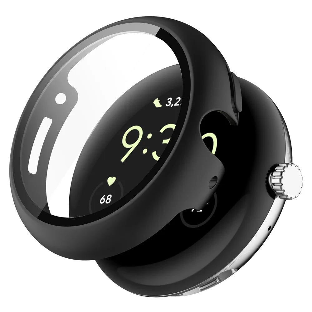 For Google Pixel Watch 4 41mm Case Hard PC Watch Protective Cover with Tempered Glass Film - Black - 1
