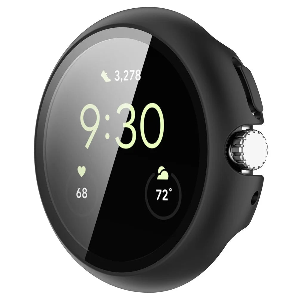 For Google Pixel Watch 4 41mm Case Hard PC Watch Protective Cover with Tempered Glass Film - Black - 4