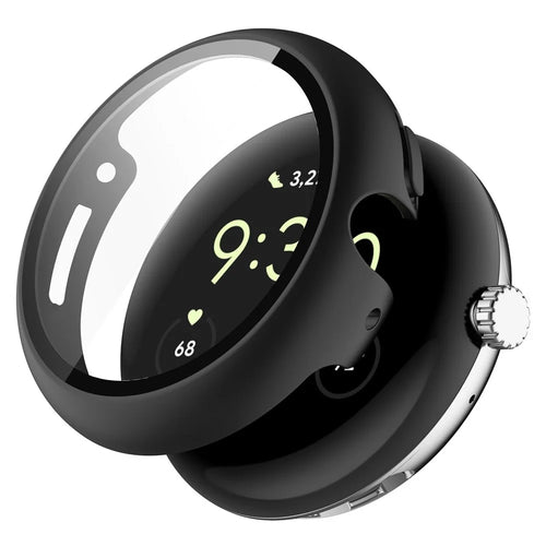 For Google Pixel Watch 4 45mm Case Hard PC Watch Protective Cover with Tempered Glass Film - Black - 1