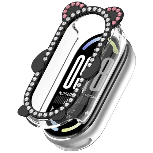 Watch Case For Xiaomi Smart Band 10 Ceramic  /  9 Ceramic  /  8  /  8 NFC Rhinestones Bear Design PC Zinc Alloy Semi-Enclosed Hollow Protective Cover - Transparent Black - 1