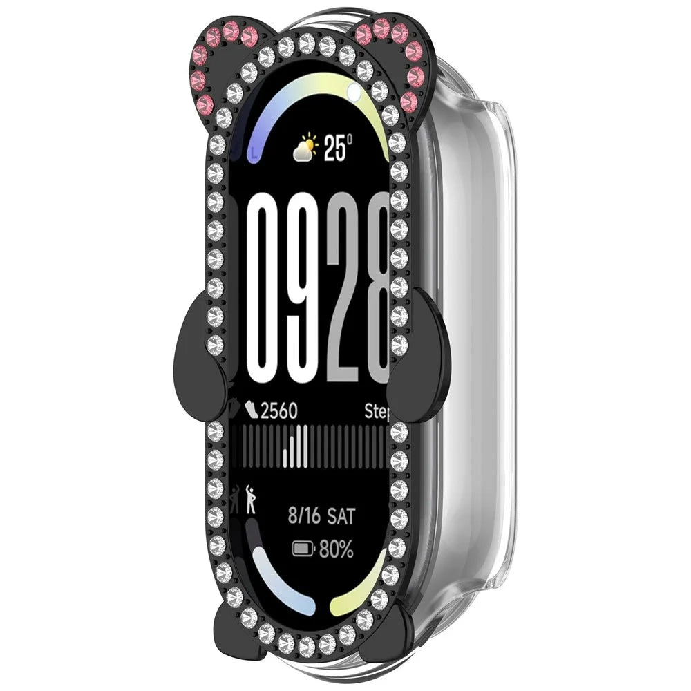 Watch Case For Xiaomi Smart Band 9  /  9 NFC Rhinestones Bear Design PC Zinc Alloy Semi-Enclosed Hollow Protective Cover - Transparent Black - 2