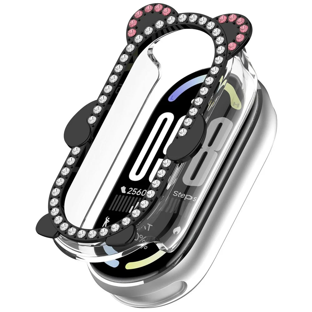 Watch Case For Xiaomi Smart Band 10  /  10 NFC Rhinestones Bear Design PC Zinc Alloy Semi-Enclosed Hollow Protective Cover - Transparent Black - 1