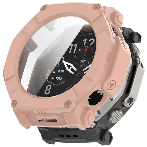 For Huami Amazfit T-Rex Ultra 2 Case Hard PC Watch Protective Cover with Tempered Glass Film - Glossy Pink - 1