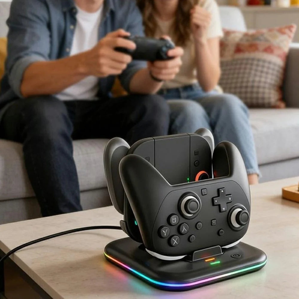 IPLAY HBS-2872 For Nintendo Switch 2 Pro / Switch 2 Joy-Con Grip Controller Charging Base with 9-Level LED Ambient Lights - Black - 4