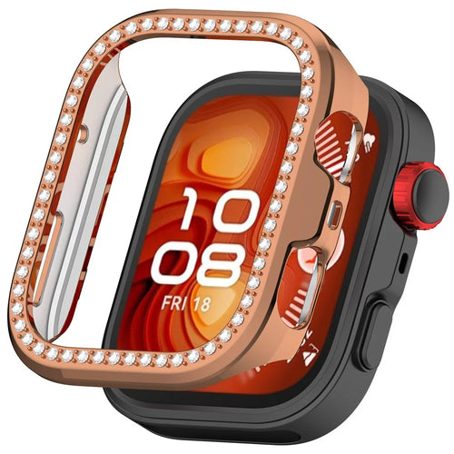 For Huawei Watch Fit 5 Pro Case Rhinestones Decor Clear PC Watch Frame Half Cover - Electroplated Rose Gold - 1