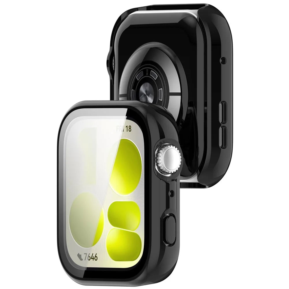 For Huawei Watch Fit 5 Watch Case Hard PC Shell with Integrated Tempered Glass Screen Protector - Glossy Black - 3