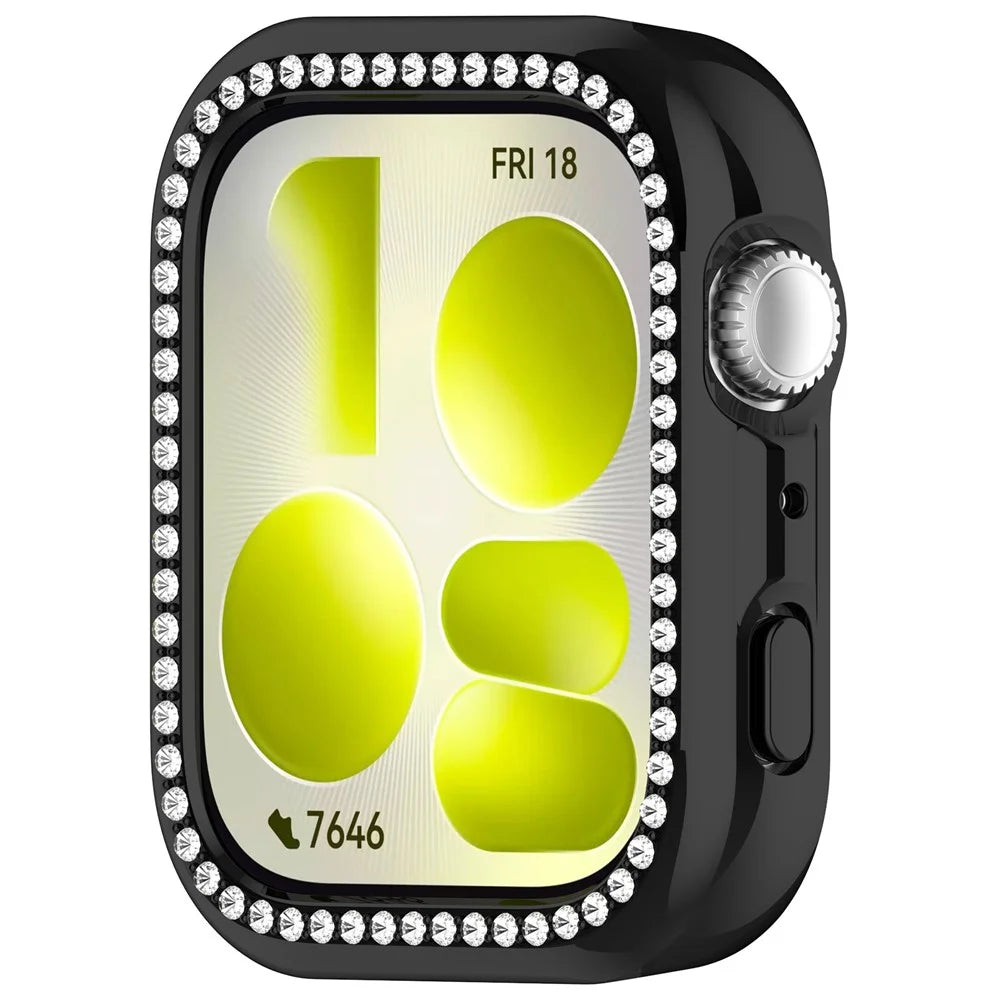For Huawei Watch Fit 5 Protective Case Hollow Design Rhinestone Decor PC Watch Cover - Electroplated Black - 2