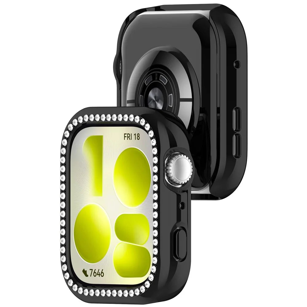 For Huawei Watch Fit 5 Protective Case Hollow Design Rhinestone Decor PC Watch Cover - Electroplated Black - 3