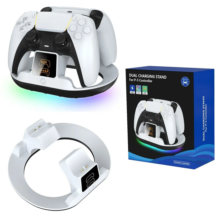 YZC-523 Dual Charging Stand for PS5  /  PS5 Edge Controller RGB Lighting LED Display Fast Charge Dock Station - White - 1
