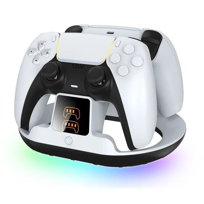 YZC-523 Dual Charging Stand for PS5  /  PS5 Edge Controller RGB Lighting LED Display Fast Charge Dock Station - White - 2