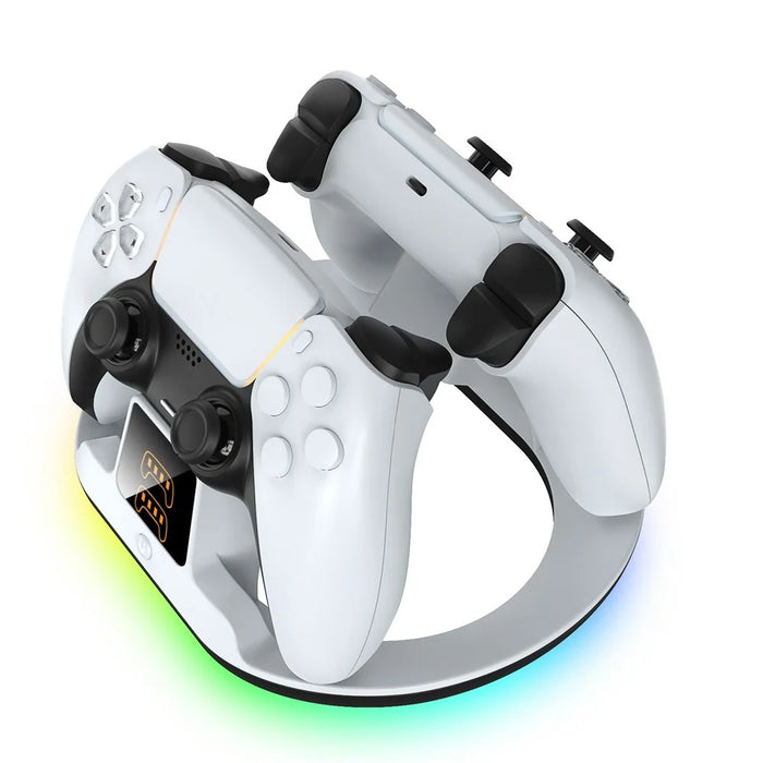 YZC-523 Dual Charging Stand for PS5  /  PS5 Edge Controller RGB Lighting LED Display Fast Charge Dock Station - White - 4