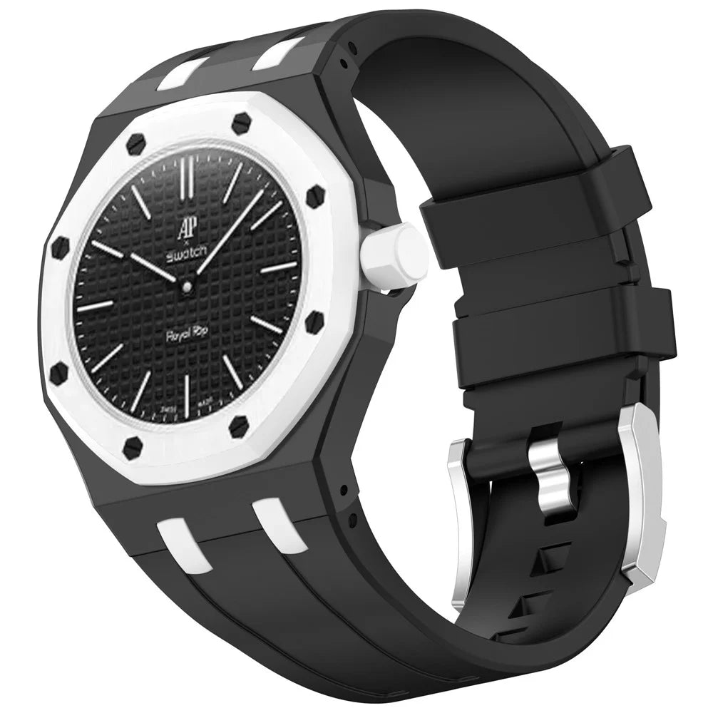 For Swatch Royal Pop Watch Strap Soft Silicone Watchband with Integrated Watch Case - Black+White - 2